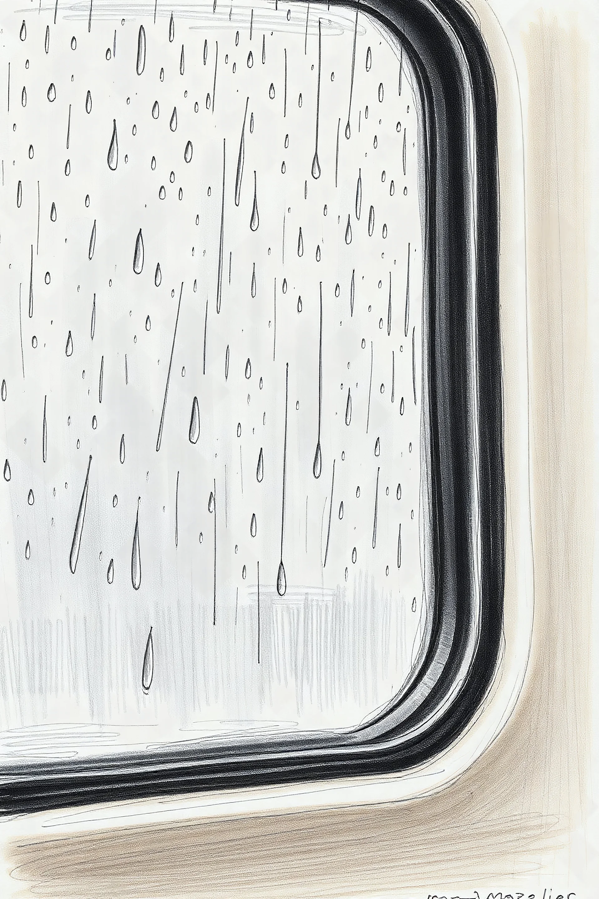 Dessin de marcel Marlier Gouttes de pluie, vitre de train
