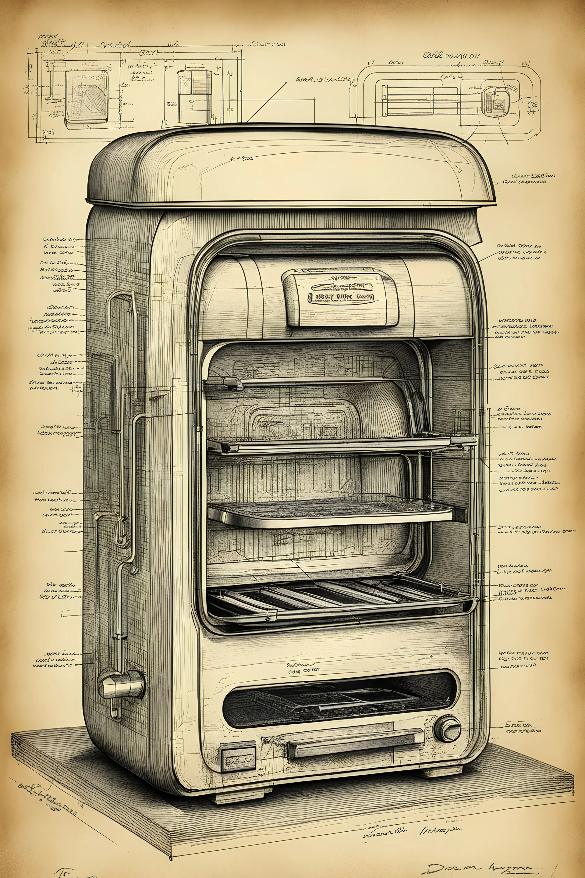 Hand drawn, art by Wayne Reynolds , Daren Bader and Tom Tenery, old paper with detailed schematics of a bread toaster detailed drawings, cross section, concept sheet sketch, 8k