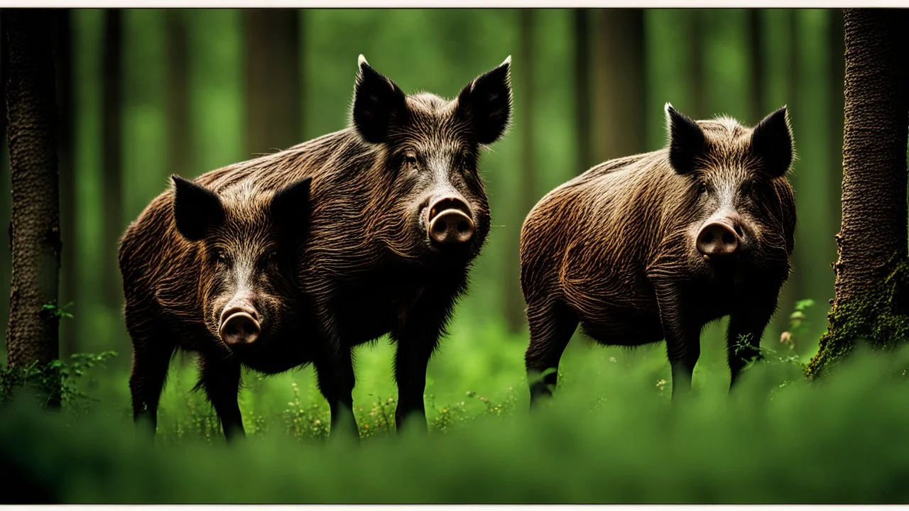 wild pigs with long tusks in woodland