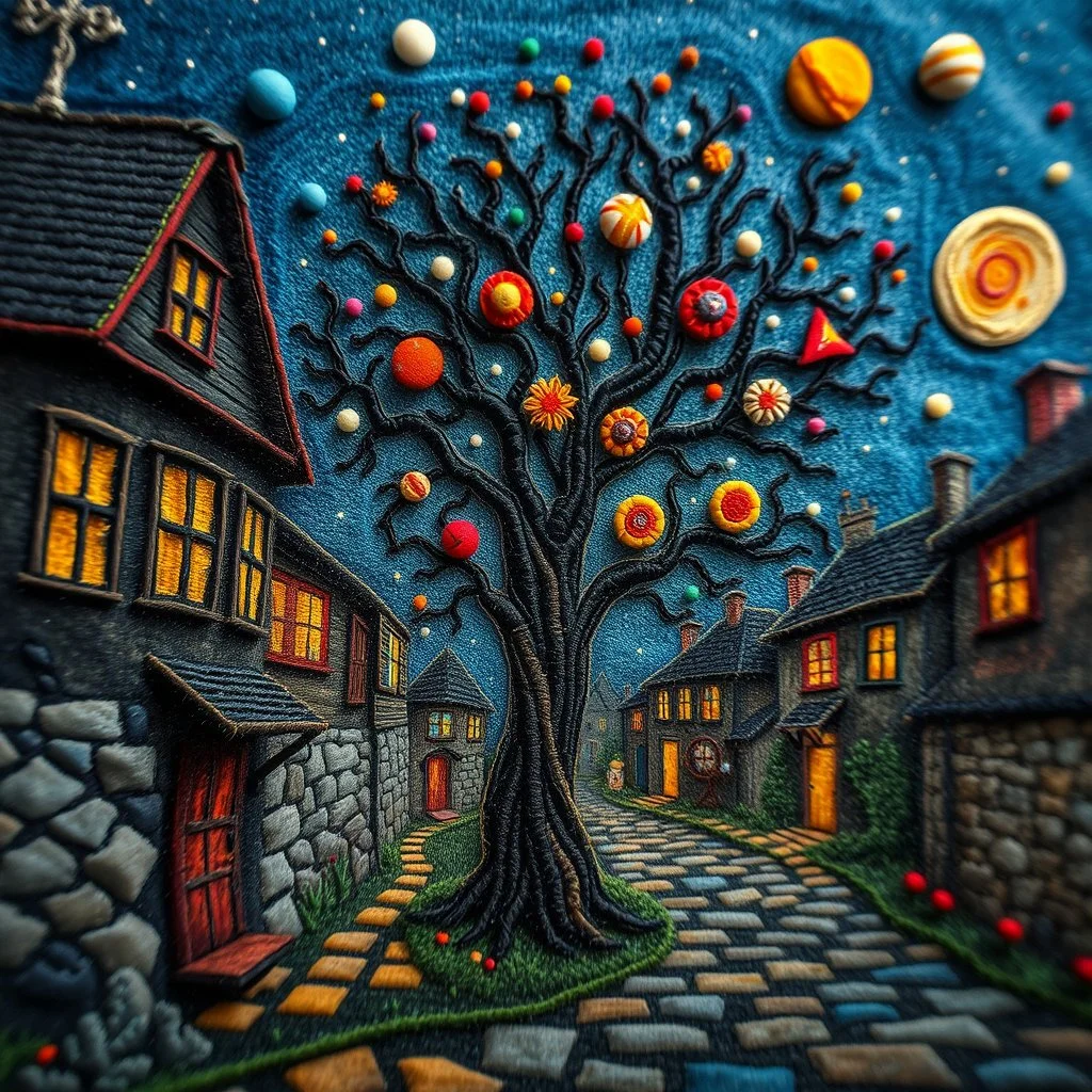 Photograph hasselblad h6d400c --ar 85:128 --v 6.0 of a fairy old bewitched street, tree, made of felt, art, tiltshift, 3d deep field, galaxies and planets, needlepoint, Joan Miró, odd, abstract, expressionist style, colorful