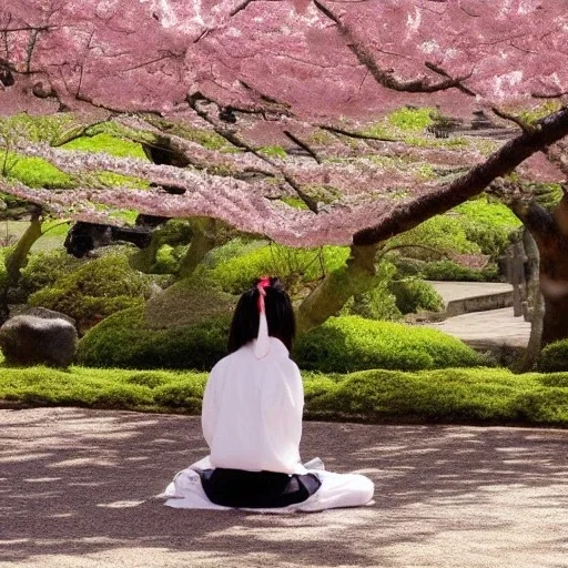 Samurai woman meditating in the shade of a Sakura tree