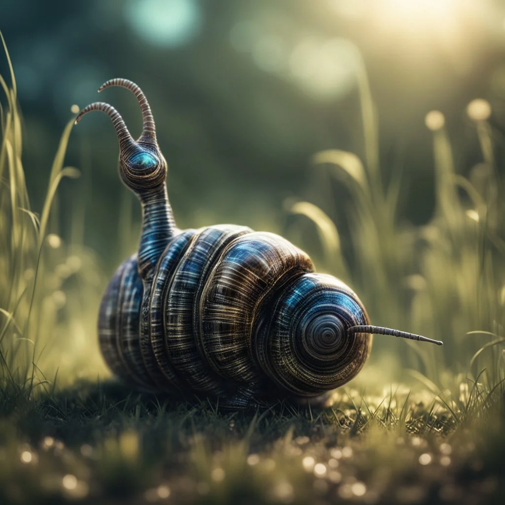 electric egyptian mummy snail in the style of giger, in t-pose made from tinted murano glass in long grass ,bokeh like f/0.8, tilt-shift lens 8k, high detail, smooth render, down-light, unreal engine,bokeh like f/0.8, tilt-shift lens 8k, high detail, smooth render, down-light, unreal engine