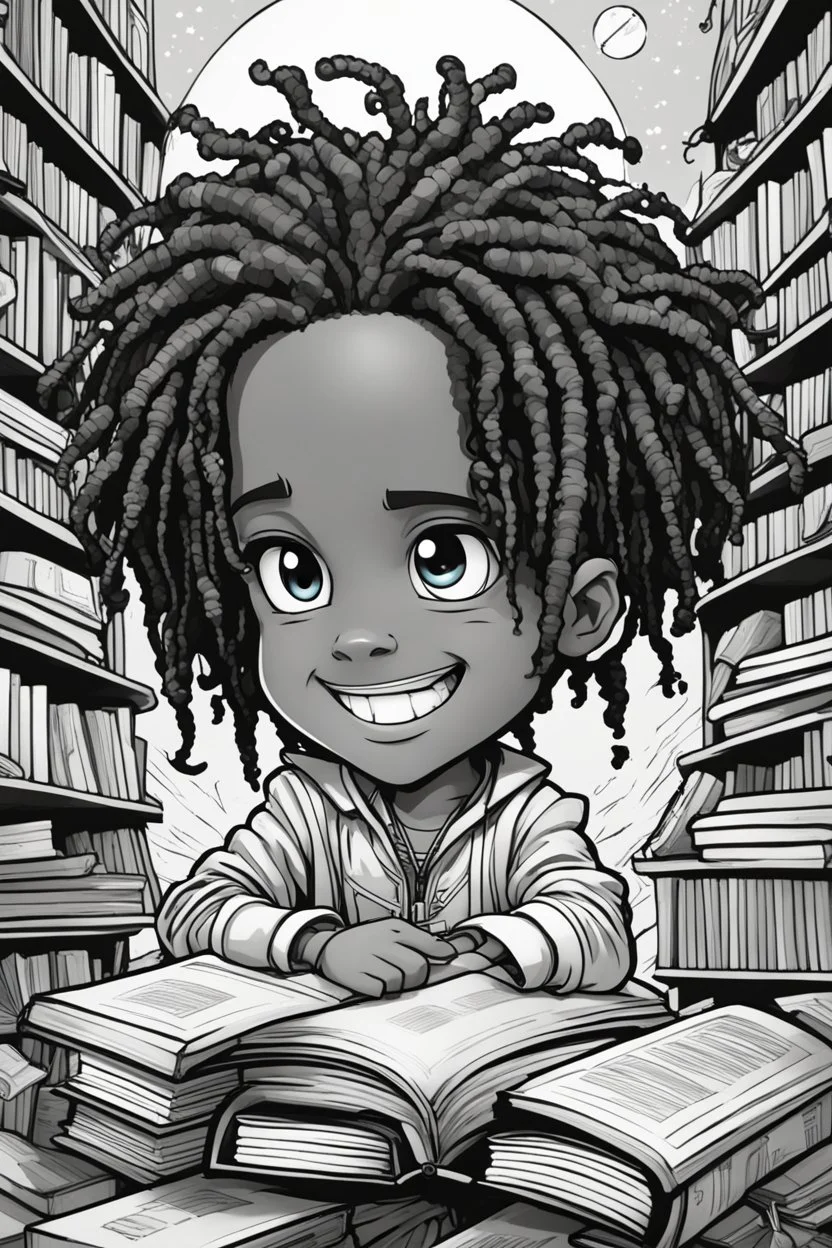 create a coloring page of A sassy futurism ABSTRACT cartoon chibi BOY LOOKING DOWN, surrounded by BOOKS. Looking up coyly, he grins widely, showing her Teeth. Highly detailed dread locs , regal expression.