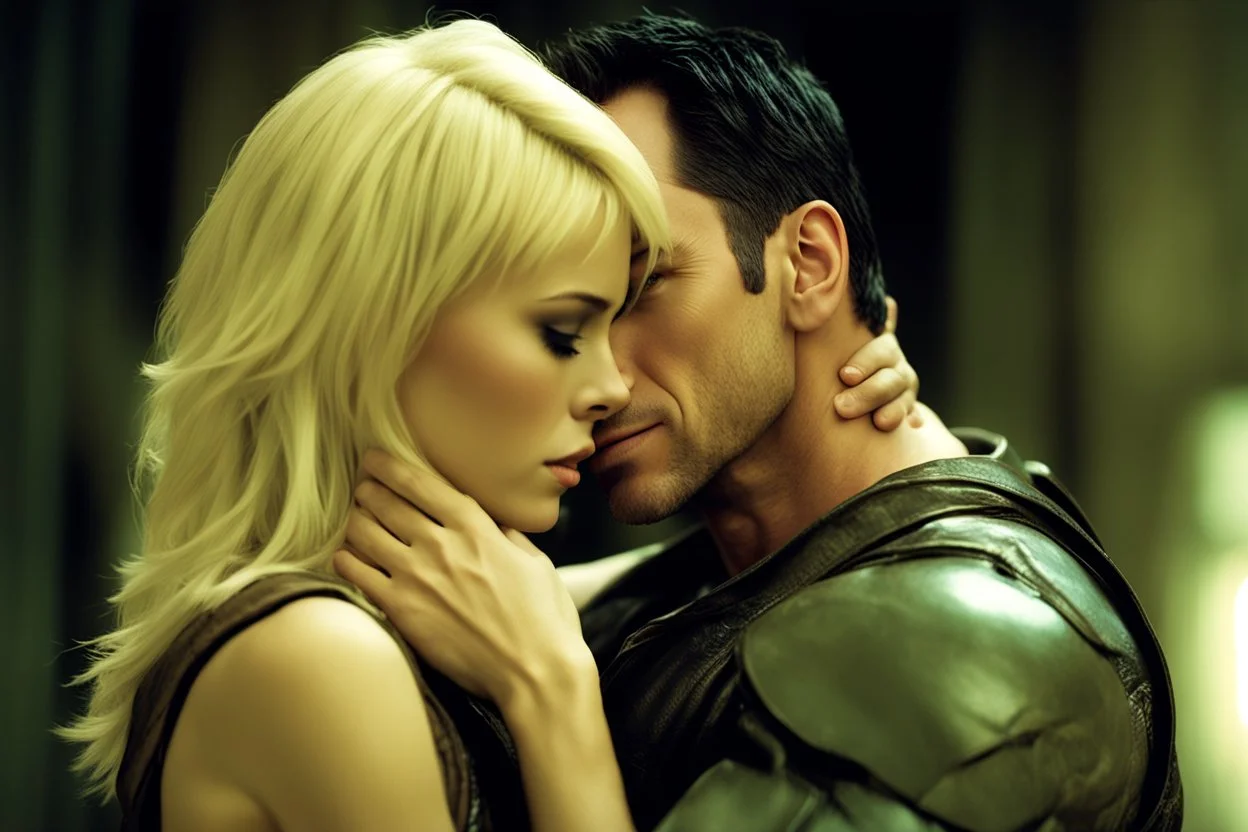 Jason David Frank as Handsome Alpha male short dark hair hugging pretty blonde shorthaired sad girl crying, photo realistic, modern dark fantasy