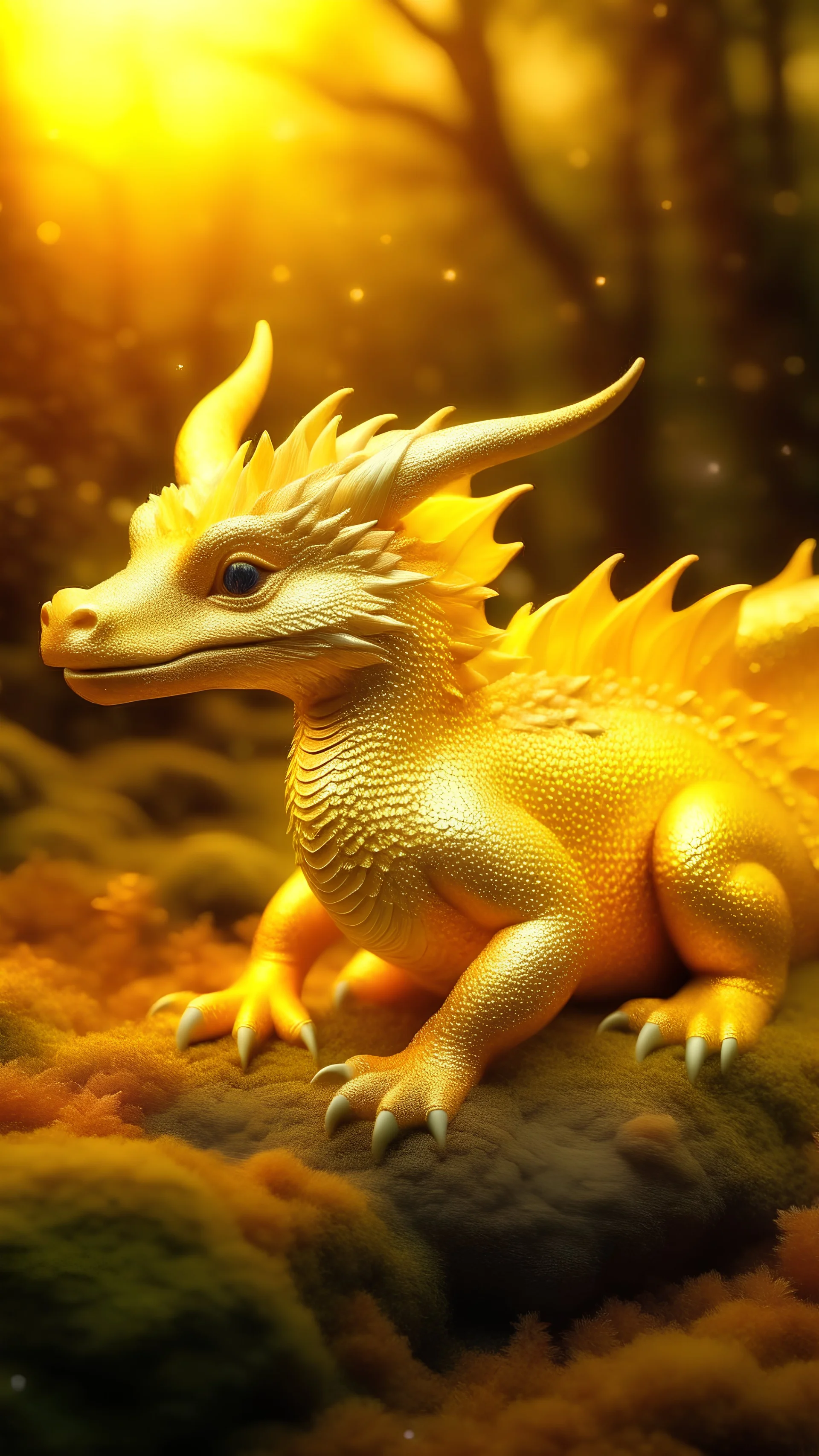 Photoreal close-up of enchanted baby dragon in a golden forest shrouded in sparkling luminescent mist.