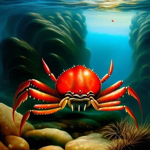 ultra detailed fullbody Drawing of Sea monster Gigantic Red Crab on the shore ,open mouth, with sharp teeth, with glowing red eyes,with humungus pincers, extremely detailed digital painting, intrincate, extremely detailed face,crystal clear Big eyes, in the style of Frank Frazetta, mystical colors , perfectly centered image, perfect composition, rim light, beautiful lighting, 8k, stunning scene, raytracing