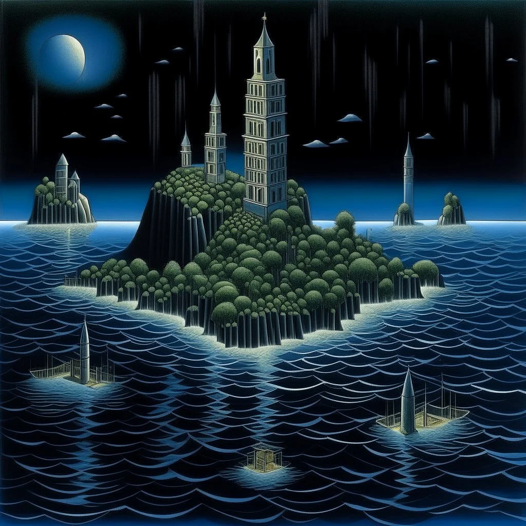 Tall towers on an island in the middle of the ocean in nighttime painted by M.C. Escher