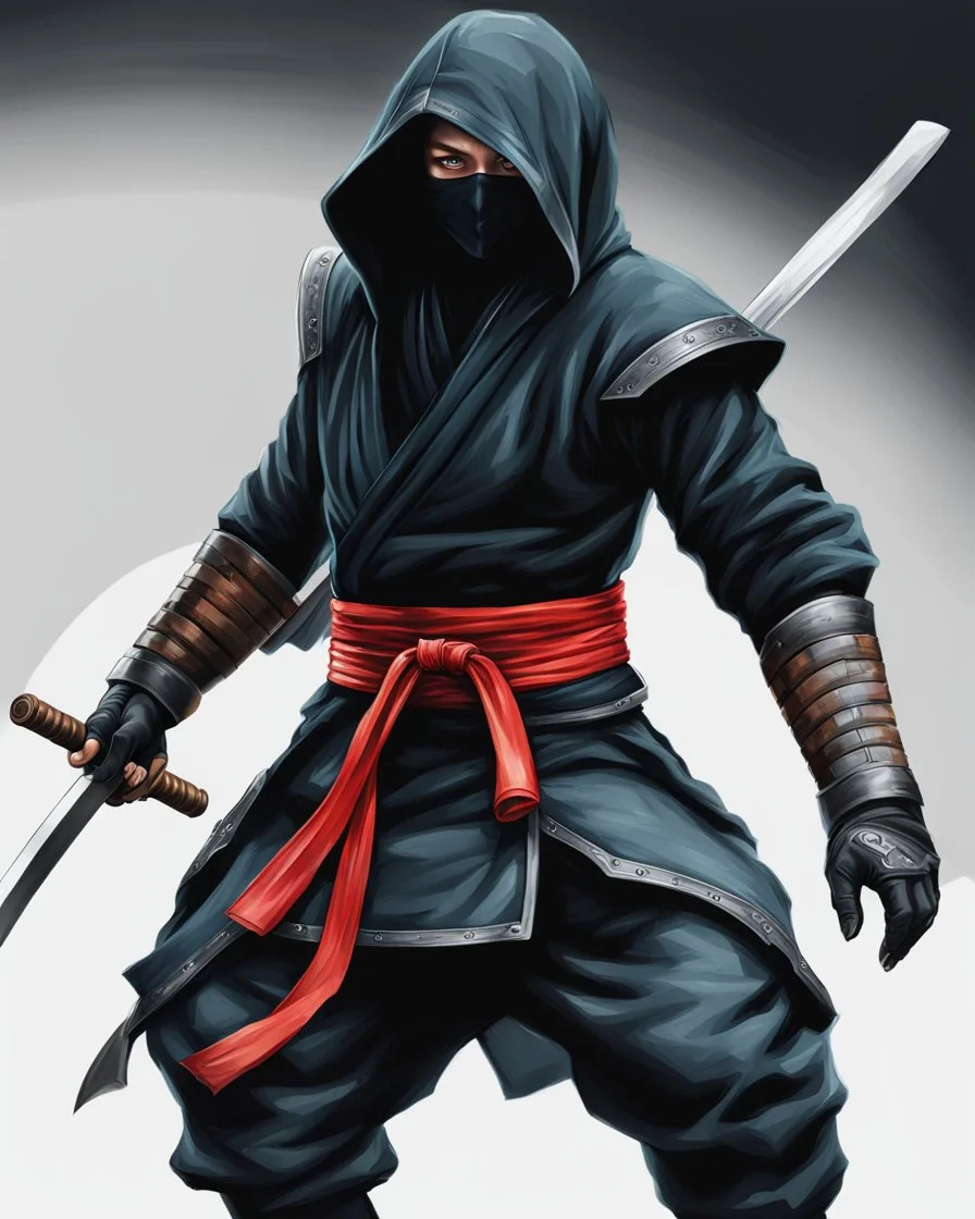 Dibujo realista de un Ninja calidad ultra, hiperdetallado, 8k, colores complementarios, cuerpo completo