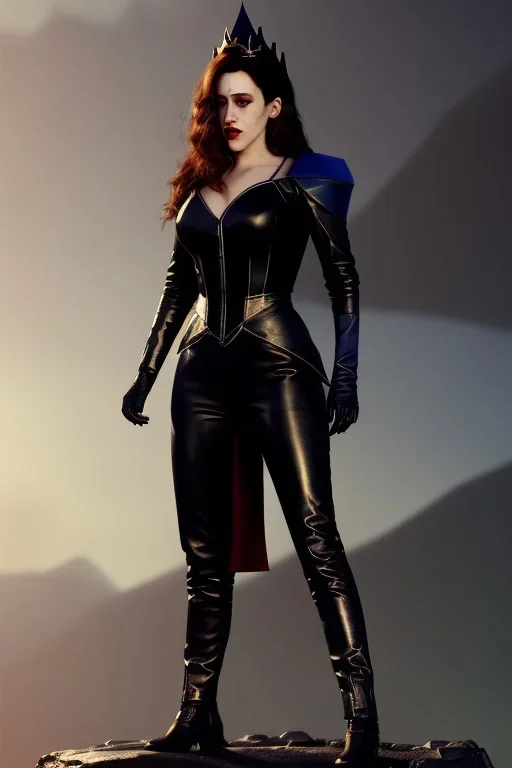 painting of kat dennings as evil queen in black leather pants, , leather, angry, stern look, volumetric lighting, particales,highly detailed,cinematic, deep colours,8, highly detailed, digital painting, artstation, concept art, smooth, sharp focus,