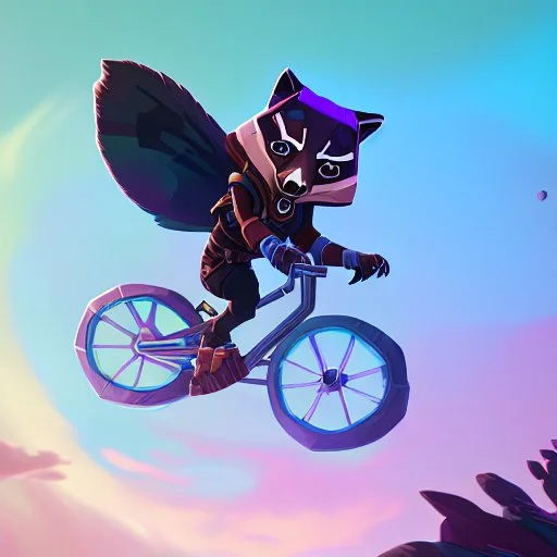 A raccoon astronaut riding a rainbow bike on a mission to gather space trash, jumping over asteroids as he goes.