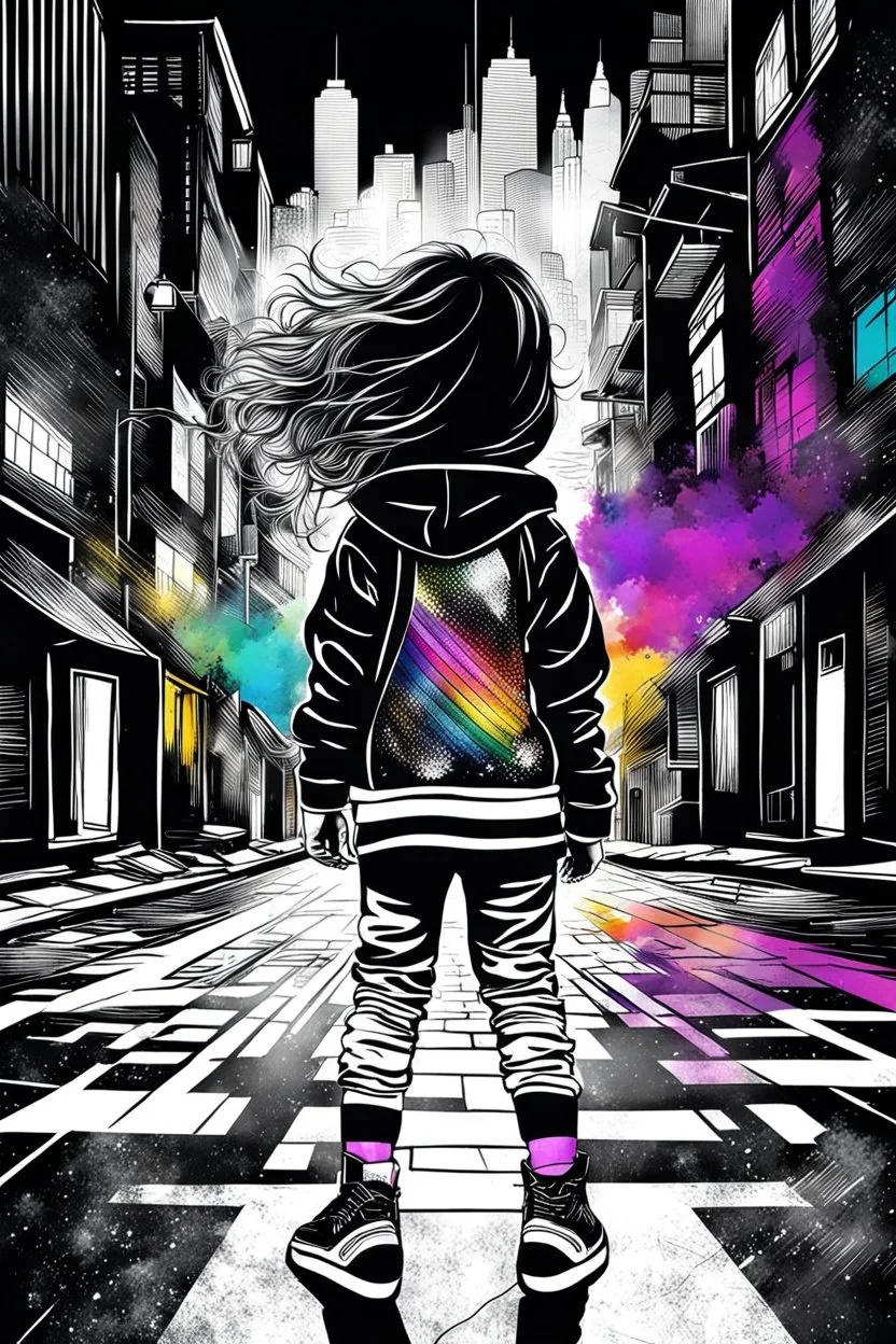 Mixed media picture, the background is black and white line art cityscape. In the middle a colorful photo of a little girl playing in the street, the girl is wearing colorful clothes, her hair is black. enhancing the contrast between her and the black and white cityscape, illustration, cinematic, sharp lights