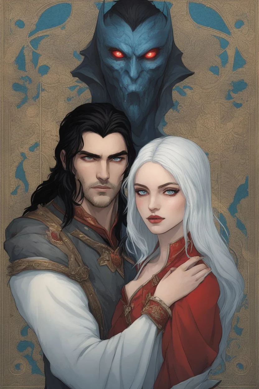 A couple from the dnd game curse of Strahd. The woman has long white hair and blue eyes, the man has LONG BLACK hair and red eyes, no facial hair. KISSING