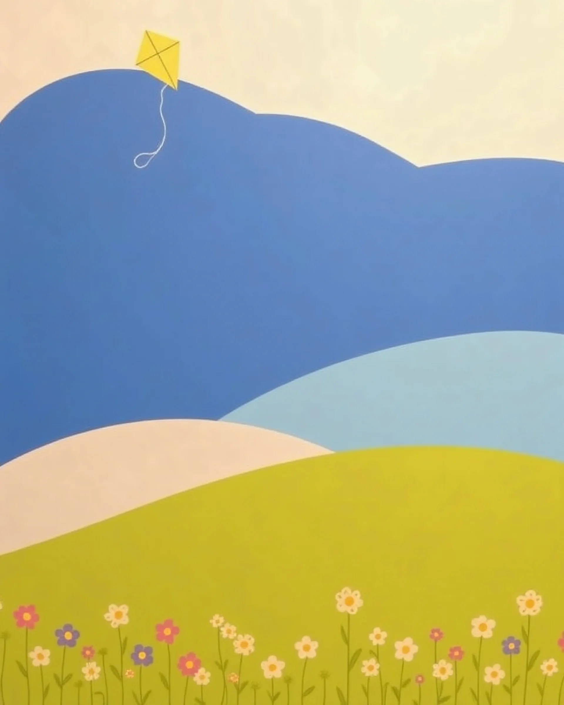 A blue, yellow, and green design with some small flowers and butterflies at the bottom of the image and a kite at the top left for a girls' nursery.