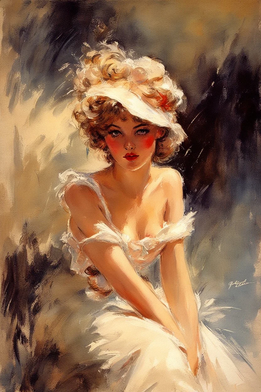 pretty french female,royo,1950s, splash art,