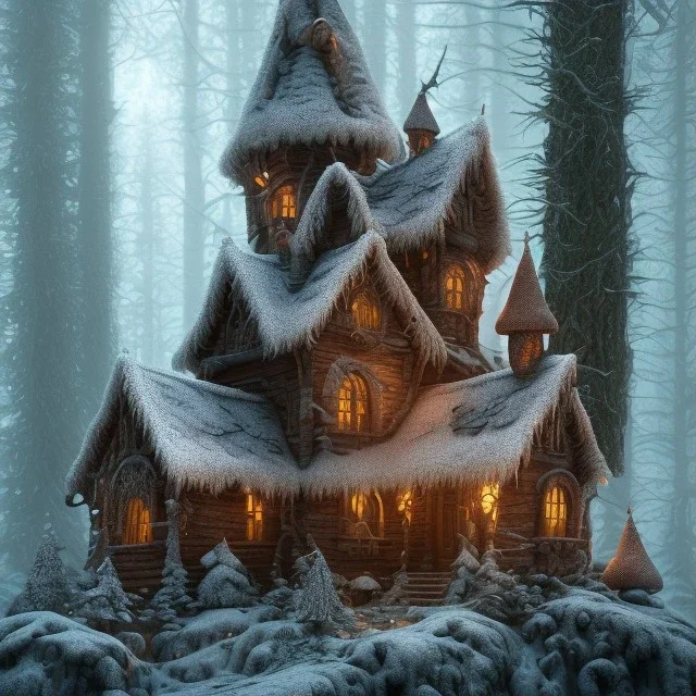 the most stunning, intricate witch house made of crushed rock candy, frosting, gingerbread, in a gloomy forest, high-quality, ultrafine-detail, 8k resolution, 3d octane render, digital art, detailed matte, close up, George Grie, Anne Dittman, Anne Stokes, Lisa Parker, Selina French