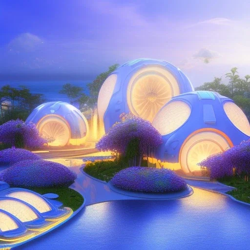 landscape of summer tropical ambient beutiful villa white gold and neon lights bright and colorful bright gloss effect of a futuristic house,like spaceship, natural round shapes concept, large transparent view of the open outdoor garden,sea beach at sunset, gold crystals,with light pink, flowers of Lotus, beutiful pools, light of sun , palmiers,cerisiers en fleurs, wisteria, sun , stars, small waterfalls