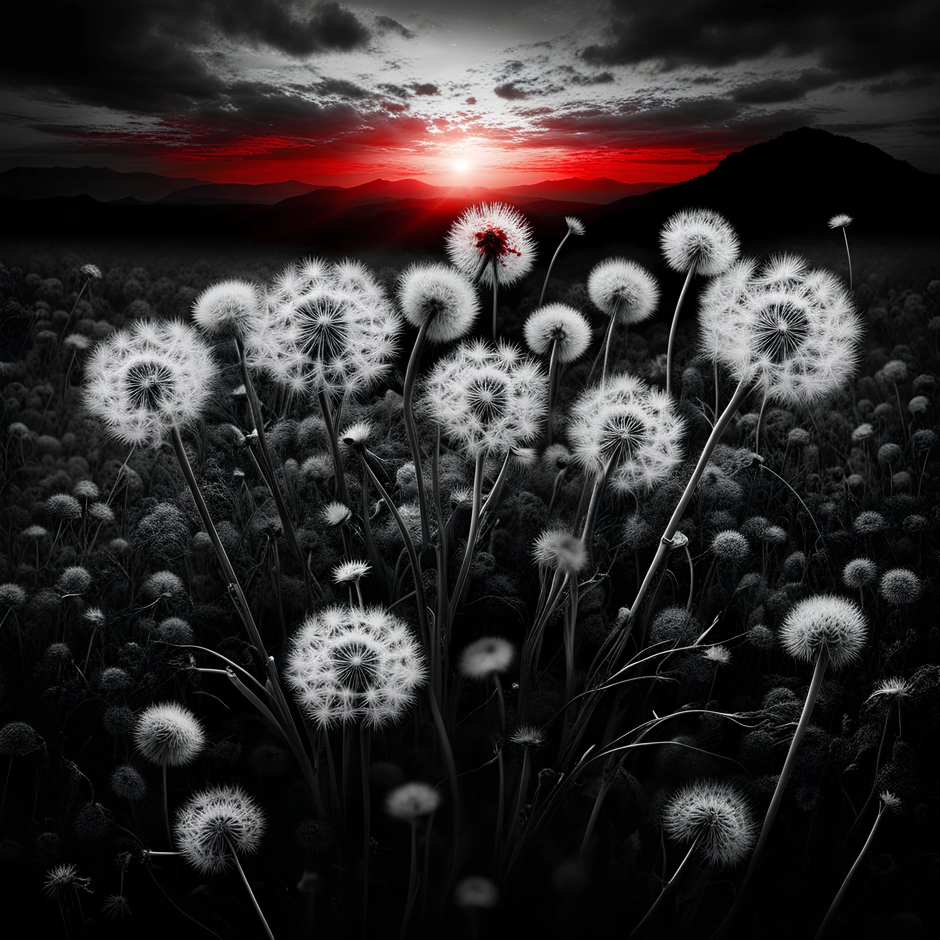 photo from Sunrise with Dandelions, ,amazing depth, high textures, surreal, weird, white-black colors, lying body betwen dandelions, , , red blood, splash art, intricately detailed, sharp focus, stunning, weird dark mood