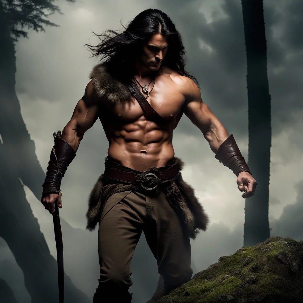 Handsome and muscular 30 year old shirtless mountain man long dark hair, dark fantasy, no background