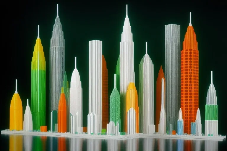 One mile tall plastic city Towers made out of stacked Rubik's Cubes, Orange, white, blue, green