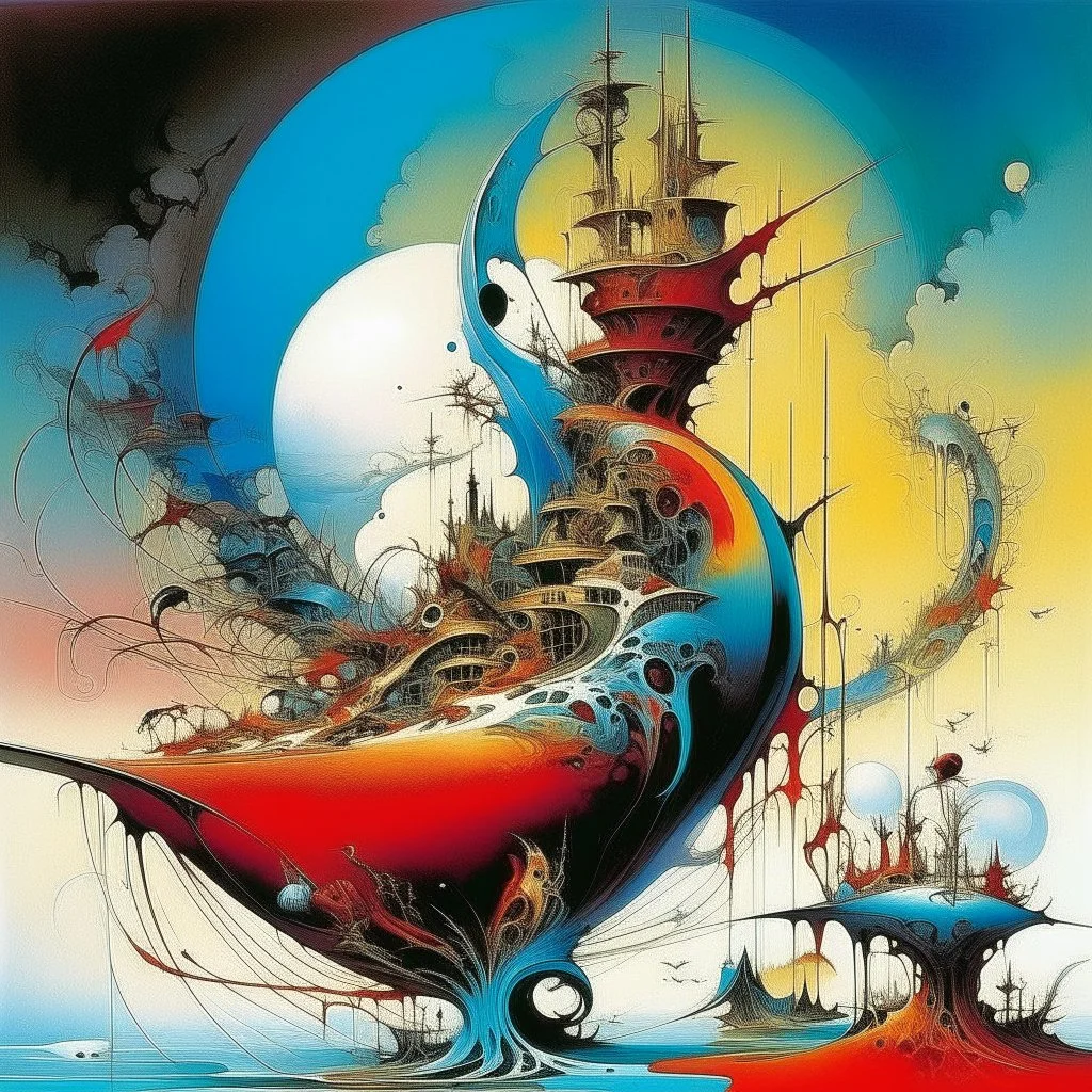 by Gerald Scarfe and Tomasz Setowski and Wassily Kandinsky, surreal abstract art, futility's a luxury, unsettling, never before seen art from beyond,