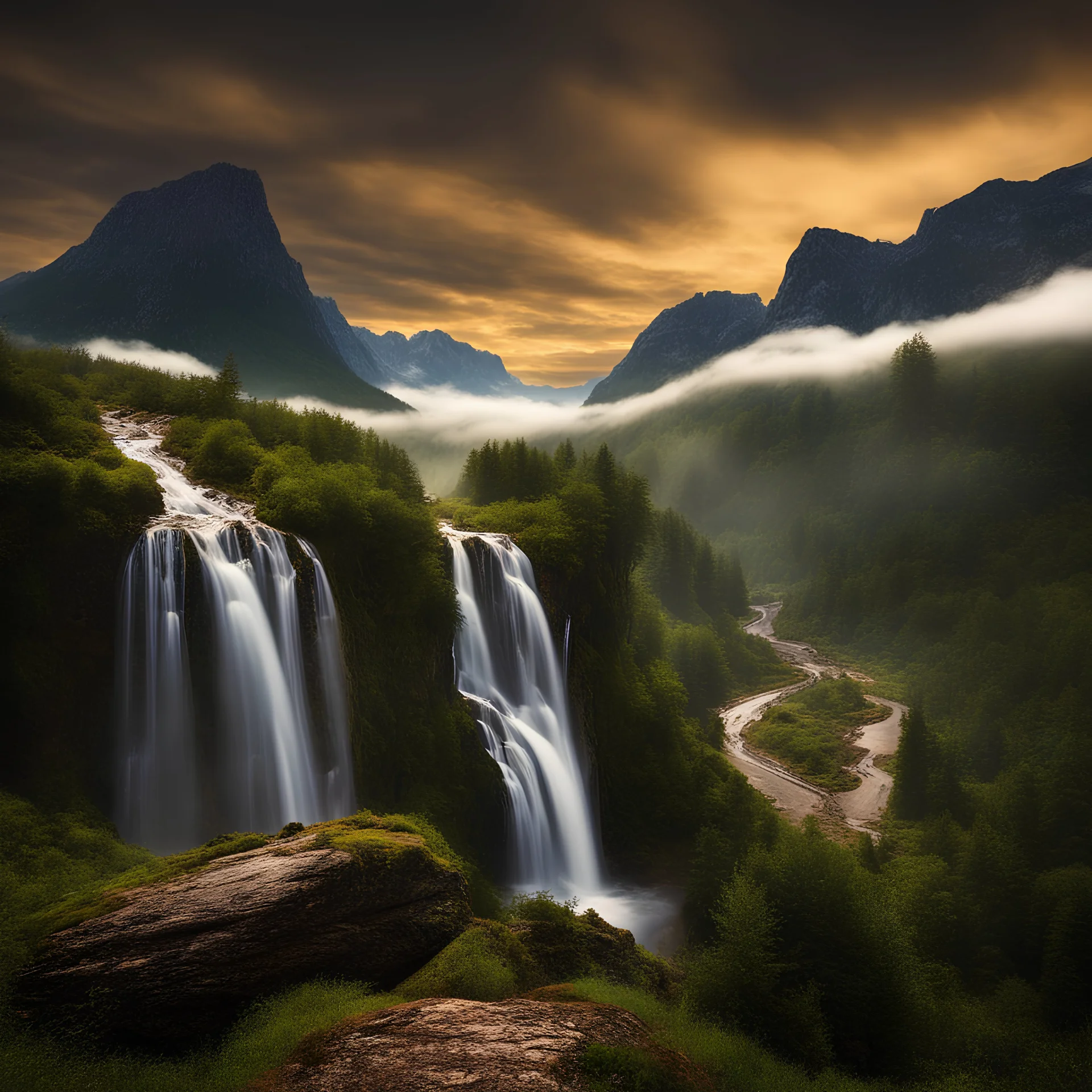 Photography, landscape, realistic, majestic, waterfalls, forests, clouds, deep mountains and old forests, paths, canyons