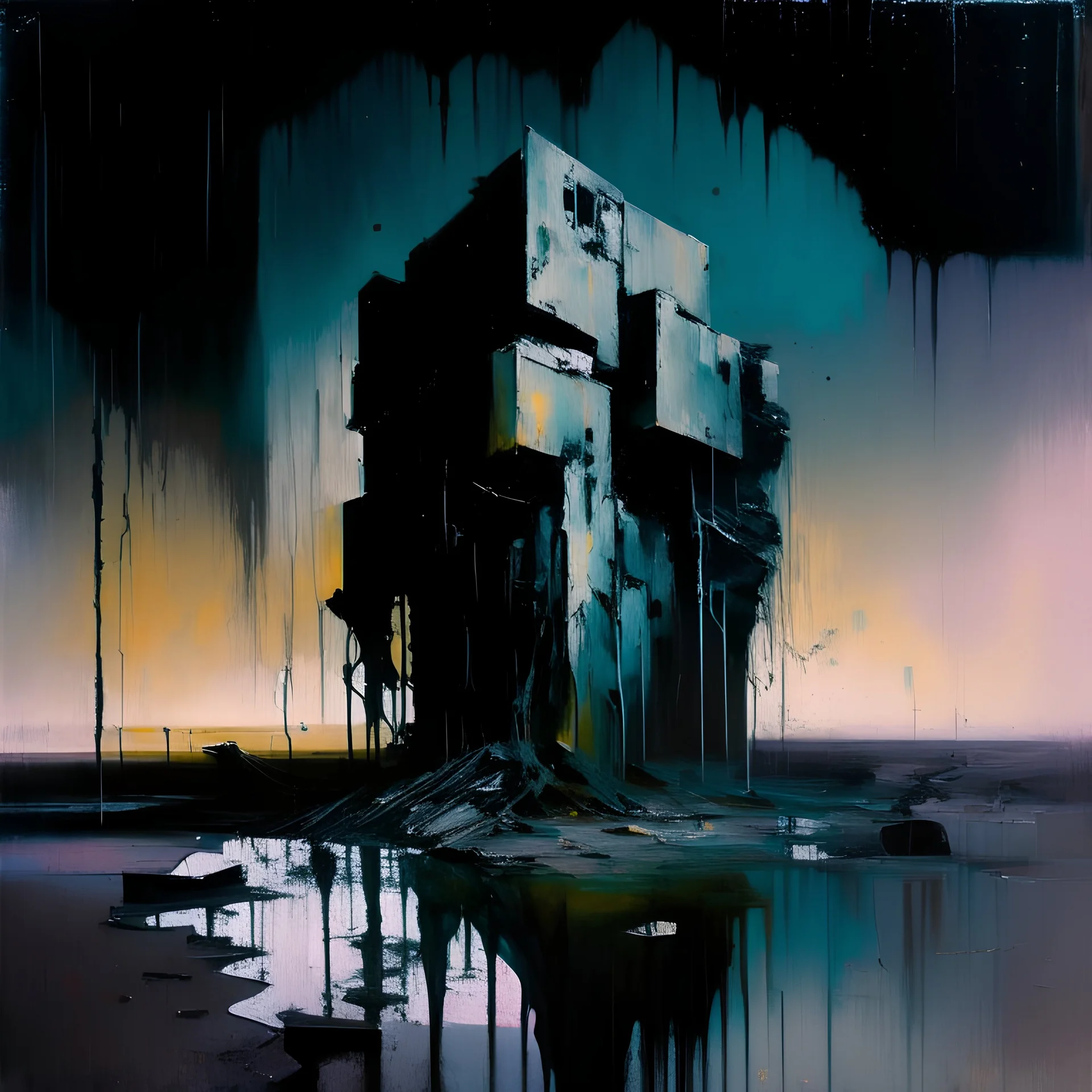 Dystopian future In desolate landscape at night. Twisted bodies. With a brutalist architecture concrete decaying blocks falling. Minmal Abstract oil painting in style of Justin Mortimer. Smudges and dripping paint.