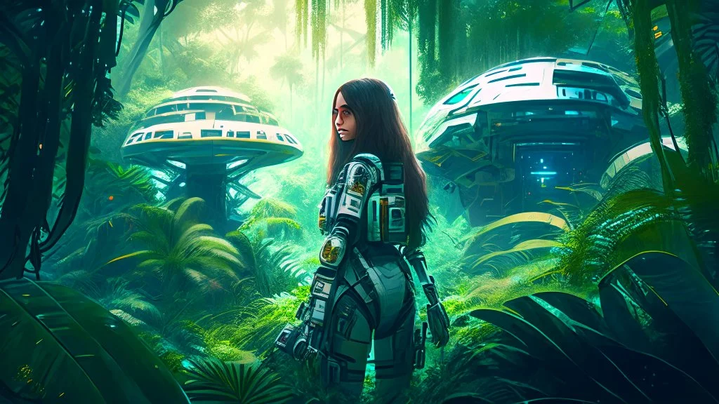 Wide-angle, woman with straight hair, dressed like a robot, with equipment in her hands, next to a crashed spaceship, in a clearing on an alien jungle world