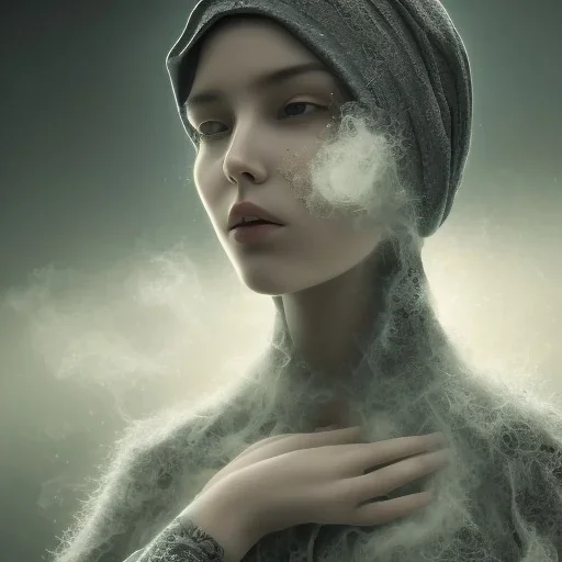 clouds of fog as woman's face, dissolving, disintegrating, wearing hijab, turning to smoke, turning to fog, wearing hijab, fine detail, highly intricate, ghostly, modern surrealism painting, high-quality, volumetric lighting, 8k, ultrahd, George Grie, Marco Escobedo, Igor Morski,Brian Froud, Howard Lyon, Selina French,