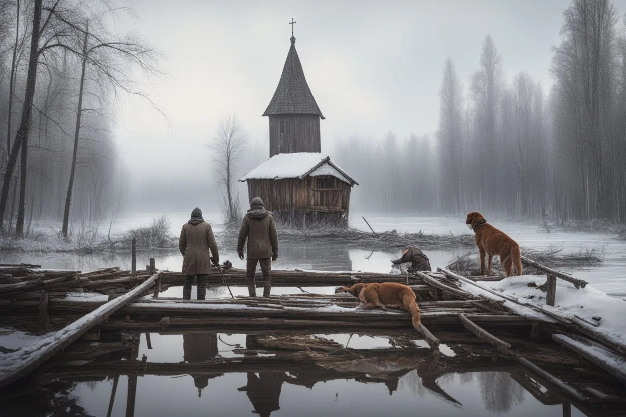DRAW A PICTURE. 21st century. IT'S SNOWING. The Russian hinterland. Two hunters with guns and a dog in a boat sail up to the completely destroyed wooden bridge over the river leading to the village, several wooden piles sticking out of the water. There is a dilapidated Orthodox church on the shore. The image is in 8 K. There are a lot of reeds growing in the foreground.