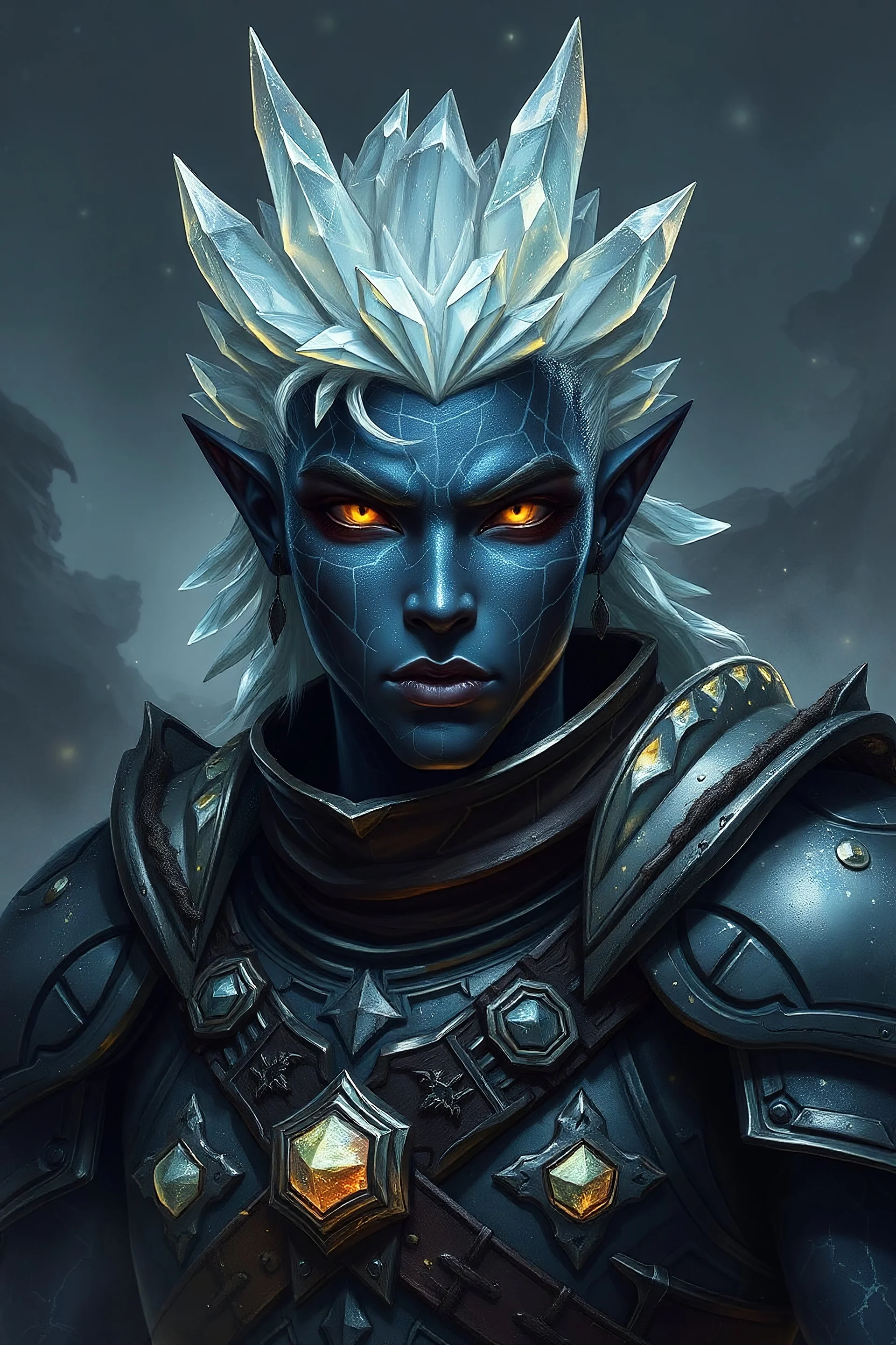 Please generate a male earth genasi warrior for D&D. he should have dark-colored skin with glittering sparkles like gem dust. he should have lines marking his skin like cracks, showing glimmering gem-like veins and a faint glow. His hair should appear carved of crystal. he should be in her mid-40s and in warrior armor. he have yellow eyes.