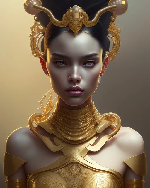  actress, beautiful, black hair, straight hair، black eyes, head and shoulders portrait, cinematic, 8k, resolution concept art portrait by Greg Rutkowski, Artgerm, WLOP, Alphonse Mucha dynamic lighting hyperdetailed intricately detailed,diamond jewelry ,golden hour,snake goddess,jewelry , crown