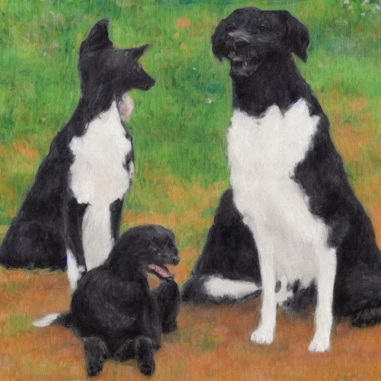 a Impressionist painting with a black dog and gray cat