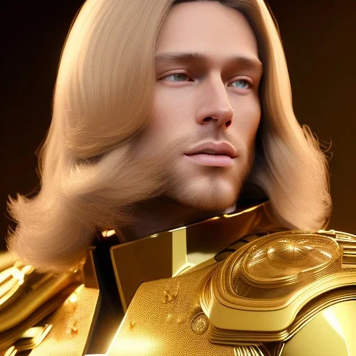 beautiful cosmic golden male, long hair, nice smiling, delicate colors, beautiful glamour galactic golden dress, ultra sharp focus, 8k, unreal engine 5, extremely sharp detail, light effect, soft light atmosphere of a spaceship, smooth, full of details, face in front, complete vision of face and body