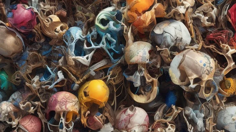 a picture of a dark, comedic, anatomically correct wall of colorful tightly packed skulls of varying sizes and expressions, photo realistic, insanely meticulous, highly detailed, part of a collection of bones on display, 64k, dystopian, vray