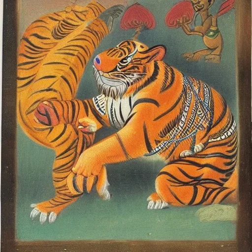 ancient indian yali mythical creature fighting a tiger painting