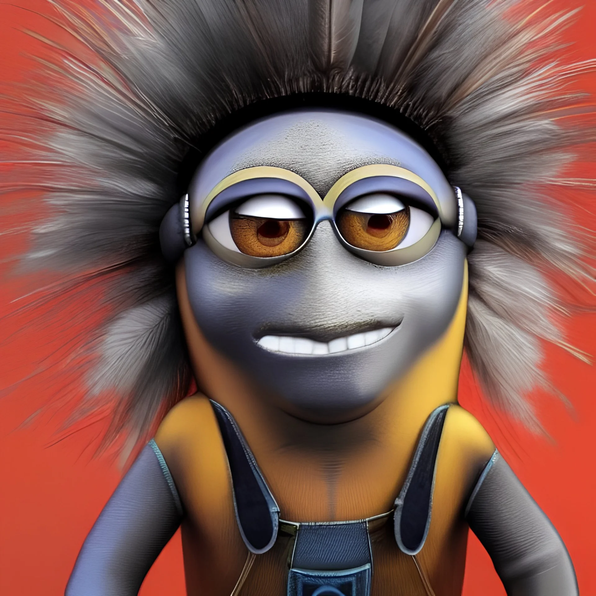 Hyper realistic image of minion, indigenous, 3D, Native American version of minion, war paint, feathers, bob, Kevin, Stuart