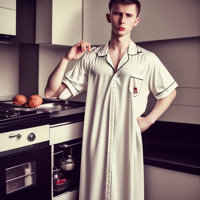 Russian shorthair beautiful 20-years guy boyish boylike wide hips in black girlish nightgown in kitchen