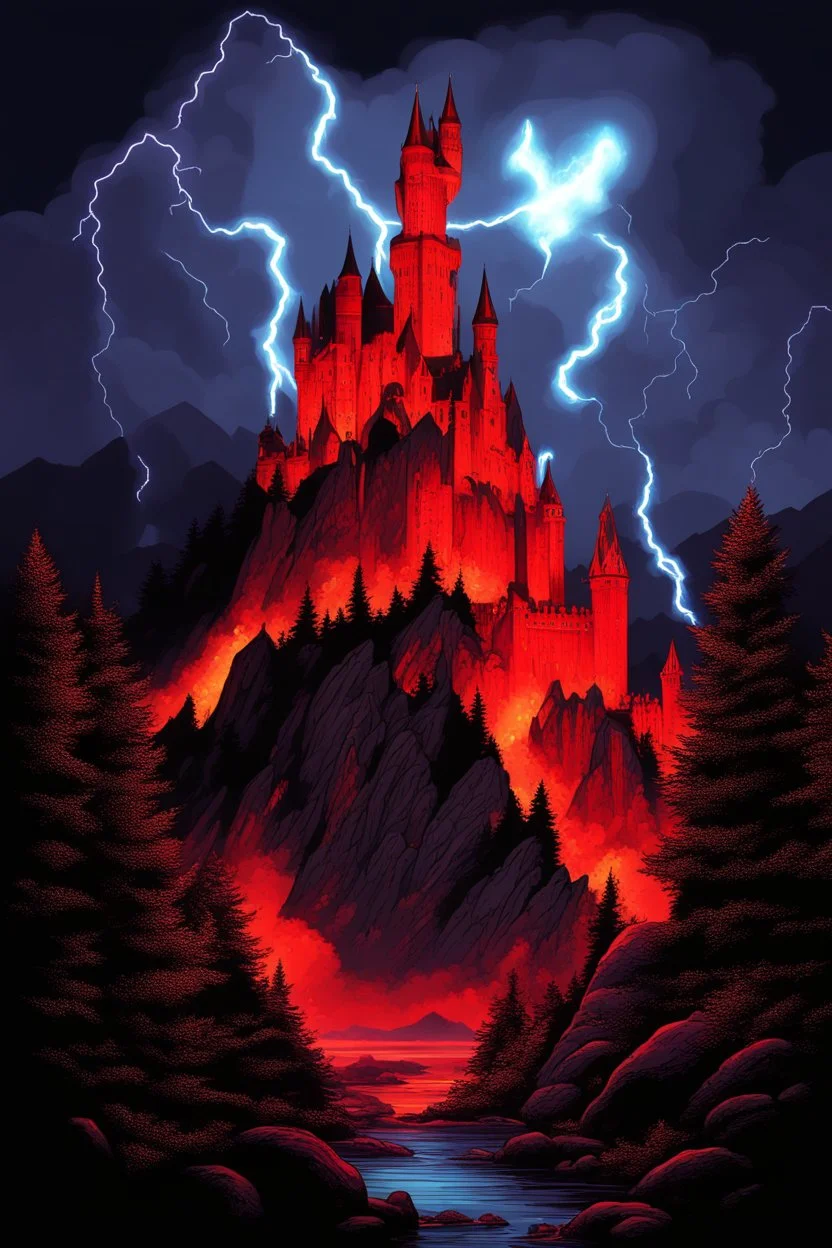 fire, lightning, wind, rain, volcanic lava, fireworks, explosions, multicolored neon lights, Count Dracula with red eyes and sharp fangs, craggy trees, giant boulders, dust, smoke, fog, clouds, bubbles, Neuschwanstein, Mont Saint-Michel, giant bats, giant gargoyles, Ogers, Dragons, Bigfoot, Frankenstein, Wolfman, the mummy, Giant Pee Wee Herman monster, an albino cat, snow white zombie