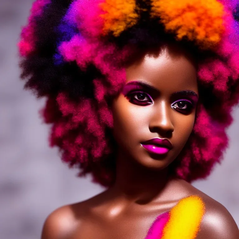 full body shot, masterpiece, best quality, family of three, dark skinned, sparkling eyes, fluorescent skin, colorful makeup, afro, highly detailed body, sun light, 4K, RAW, depth of field, high contrast, realistic details, 24mm