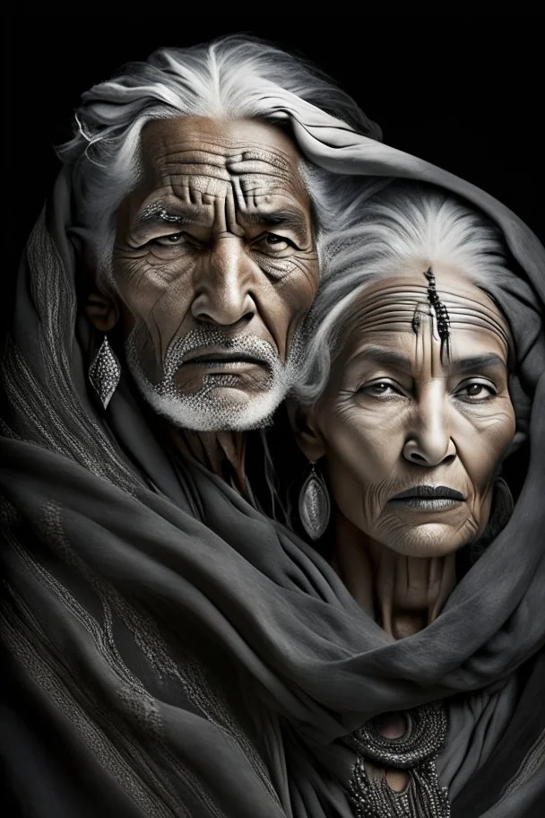 a photo of an Berber man and woman with ethnic jewelry, grey hair and grey flowing robe, in style of Annie Leibovitz, contemporary portrait of a mature yet beautiful and modernist, black and grey, detailed face, swirling fluid smokey enigma, award-winning artwork