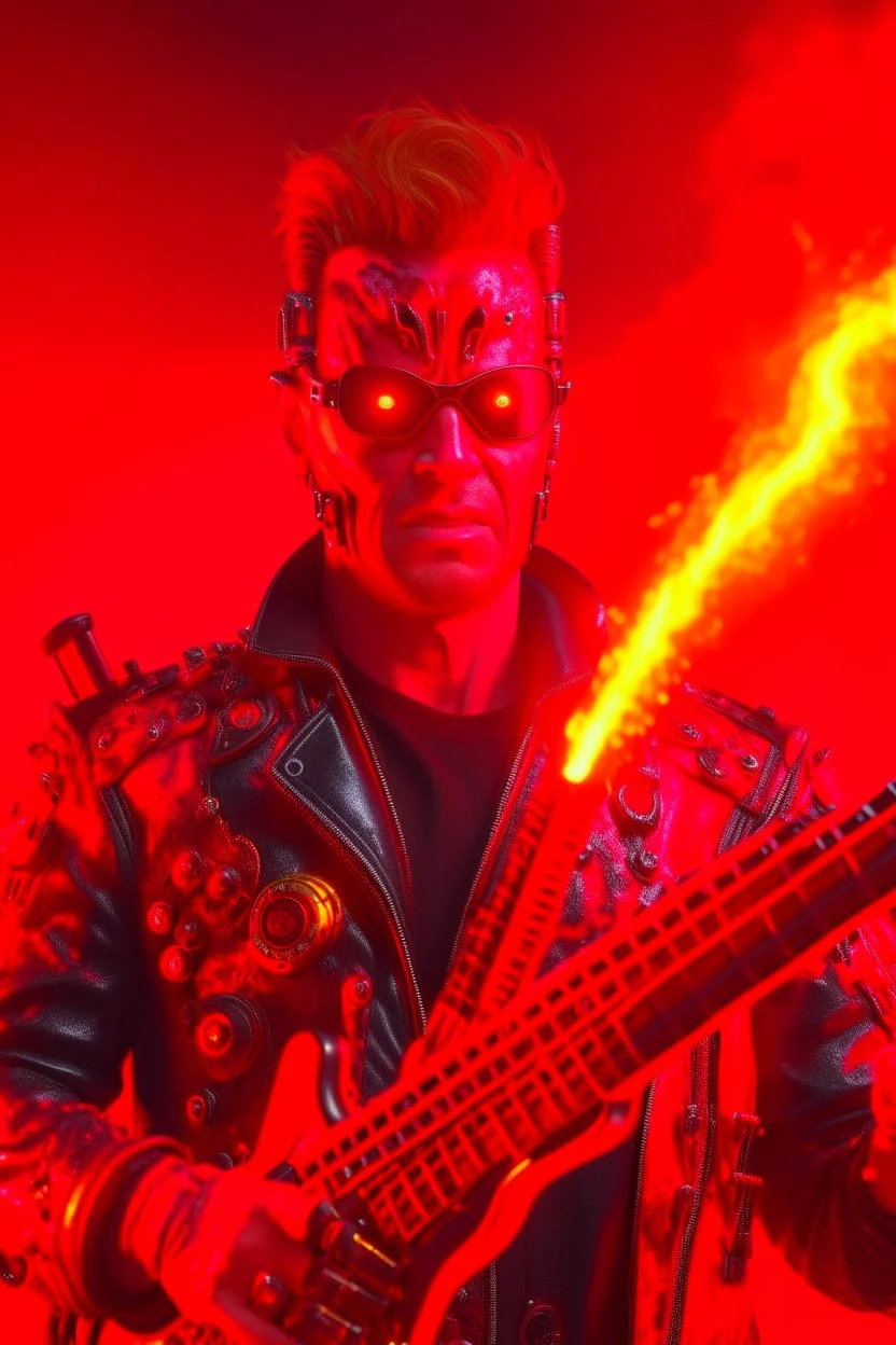 4k realistic terminator surrounded by flames with a red punk crest playing bass.