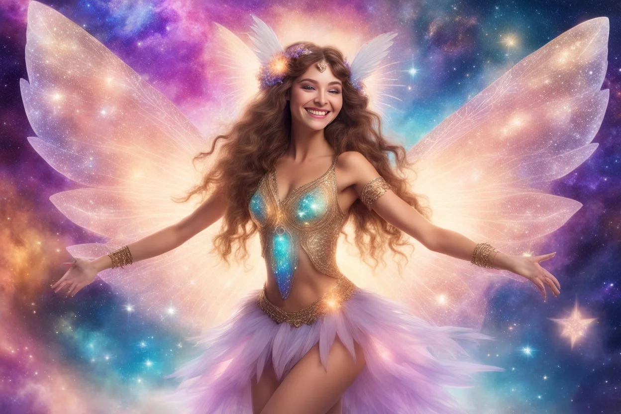 A beauty Fairy women with long Brown hairy,Crystal wings and sweety smile.She Is a magic sacred dancer in cosmica ceremony..the background Is a magic coloured bright galaxy, with a stars