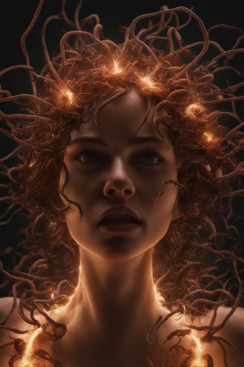 Woman, feet point view, fullbody, sparks around her, creepy, horrifying, sinister, many worms connected to the head, high lighting, intricate, 8k, macro photography,