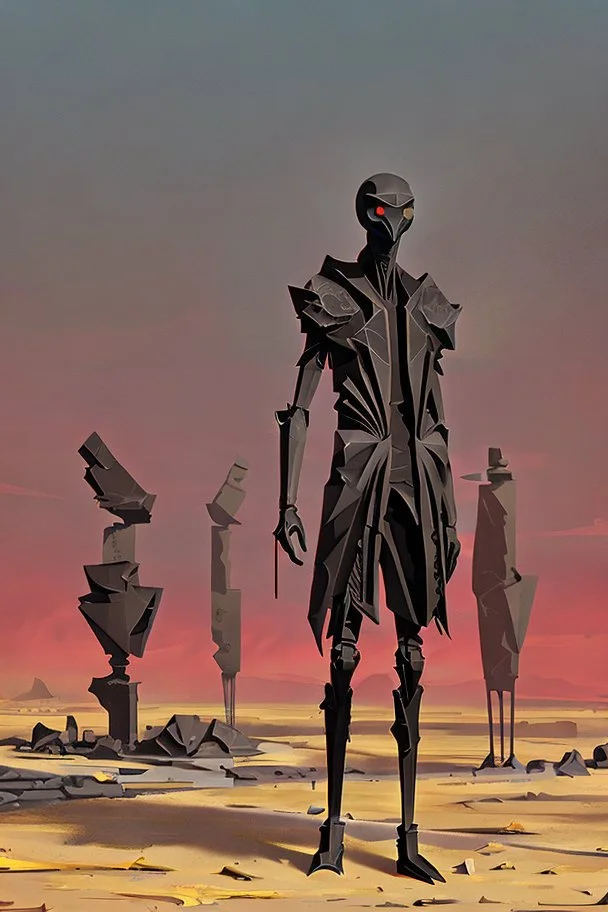 (three:1.8) long-legged surreal lean black-grey figures with beak-shaped heads in overcoat, profile, semi-silhouettes among ramshackle ruins in a barren landscape of red, yellow, black and beige colors, intricate acrylic painting