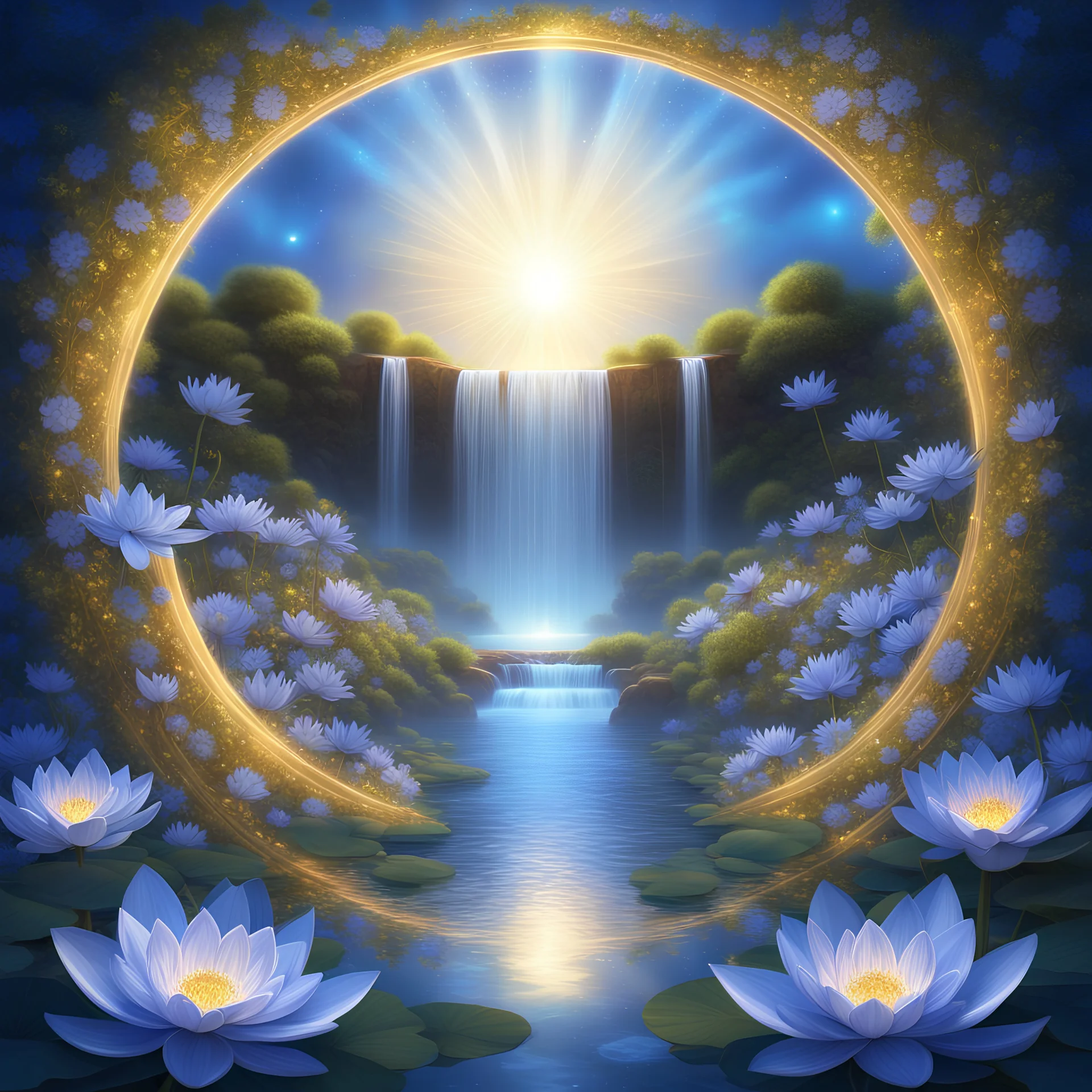 fractale divine sous un arc circulaire de glycine bleue, brillamment éclairé par les rayons d'un soleil couchant sur un ruisseau bordé de fleurs de lotus bleus et une cascade au loin, le ciel nocturne jette son regard rêveur au milieu des fleurs bleu vif du printemps, chatoyantes comme un Gloriole doré. souriant. haute pureté. art numérique très détaillé, bel art numérique détaillé, coloré, haute qualité, 4k