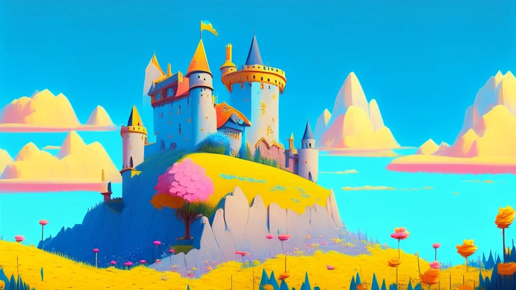 Castle on a hill, Pink walls, orange towers, yellow flowers on the ground, dark blue roof and aqua blue sky, very detailed