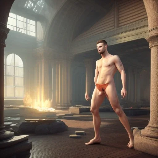 A man in briefs, unreal-5 engine volumetric lighting, intricate details, realistic style