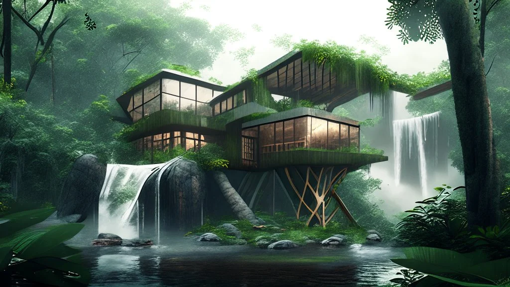 modern house by a big water falls in a karstic montain rain forest, idea en construccion in the style of mucha