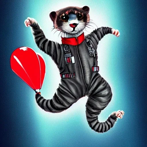 ferret wearing jumpsuit and parachute, skydiving, clouds, plane, intricate, ultra-fine detailed, 8k, ultraHD, high-quality, 3d, realistic, trending on artstation, midjourney style, elaborate, openjourney style,