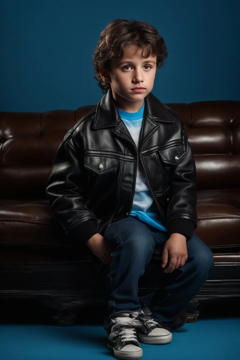 facial portrait - 10-year-old Sylvester Stallone is posing for his school picture dressed like 1950's greaser, wearing a black leather jacket, a white t-shirt and Greased back hair - Sparkling, Sky blue Background, professional quality studio 8x10 UHD Digital photograph by Scott Kendall - multicolored spotlight, Photorealistic, realistic stock photo, Professional quality Photograph. colored Fog